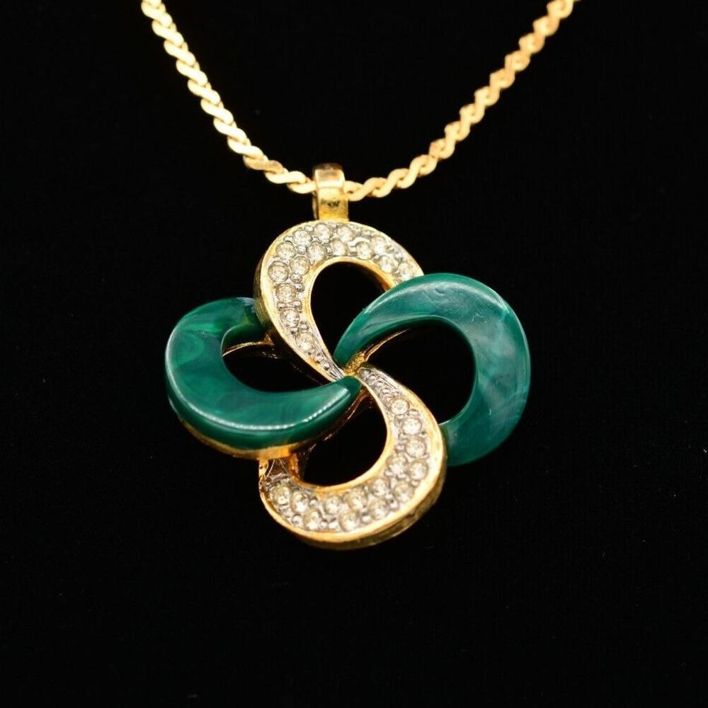 Vintage Green Lucite Pendant Necklace Rhinestone Chain Gold Tone NOS 1980s BinA5